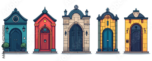 Colorful vintage door illustrations in a row with unique architectural styles. Vector