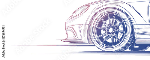 Conceptual sketch of sports car front with detailed wheel and aerodynamic design. Vector