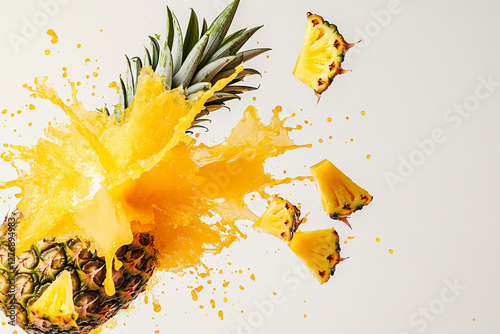 Exploding pineapple burst, vibrant yellow and yellow color palette, juice splashes and pineapple fragments flying outward photo