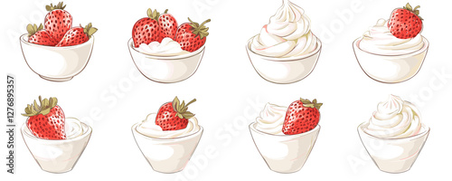 Bowls of fresh strawberries and swirling cream: a delicious treat in eight variations. Vector