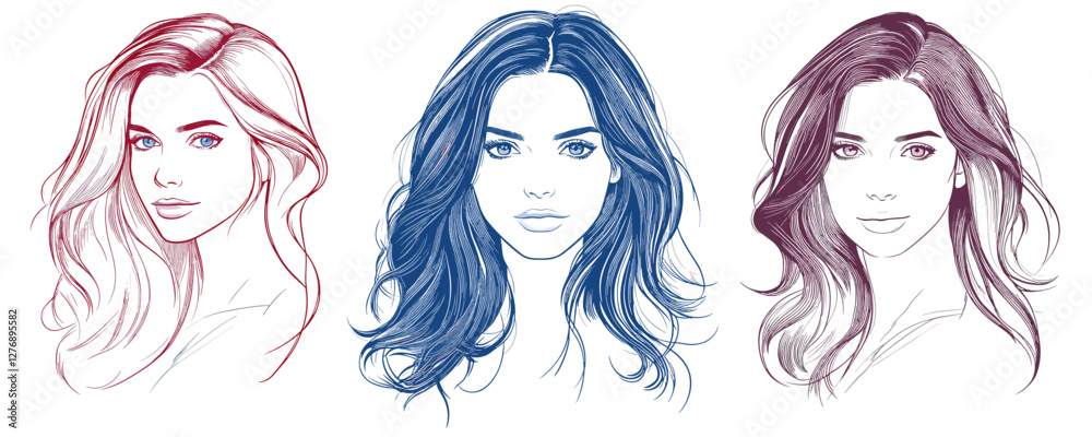 Three artistic female portraits with flowing hair in different styles and colors. Vector Three artistic female portraits with flowing hair in different styles and colors. Vector