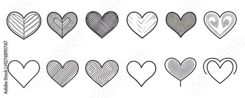 Black and white heart icons: diverse graphic patterns and symmetrical designs. Vector