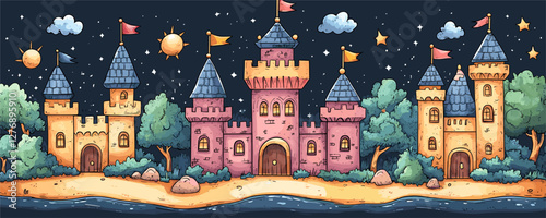 Whimsical nighttime fantasy castle with stars and flags surrounded by trees. Vector