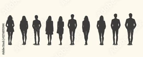 Silhouettes of ten adults in a line on neutral background. Vector
