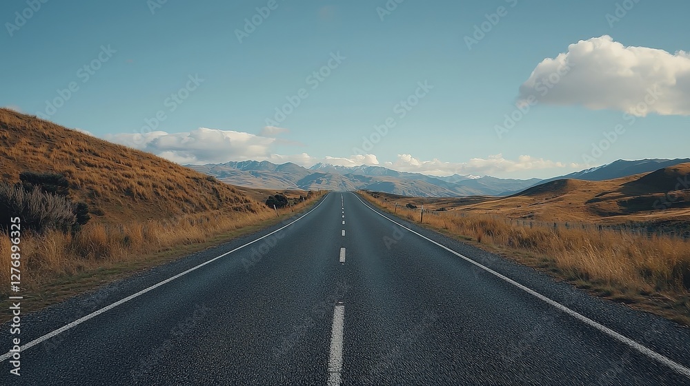 Naklejka premium Endless asphalt road stretches through golden grassy hills towards distant mountains, symbolizing journeys and exploration. Perfect for travel, adventure, and landscapes.