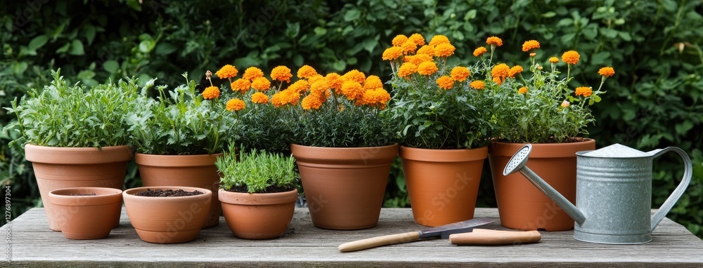 Fototapeta premium Colorful marigold flowers and tools prepare for a busy spring gardening session on a sunny wooden table in a vibrant courtyard
