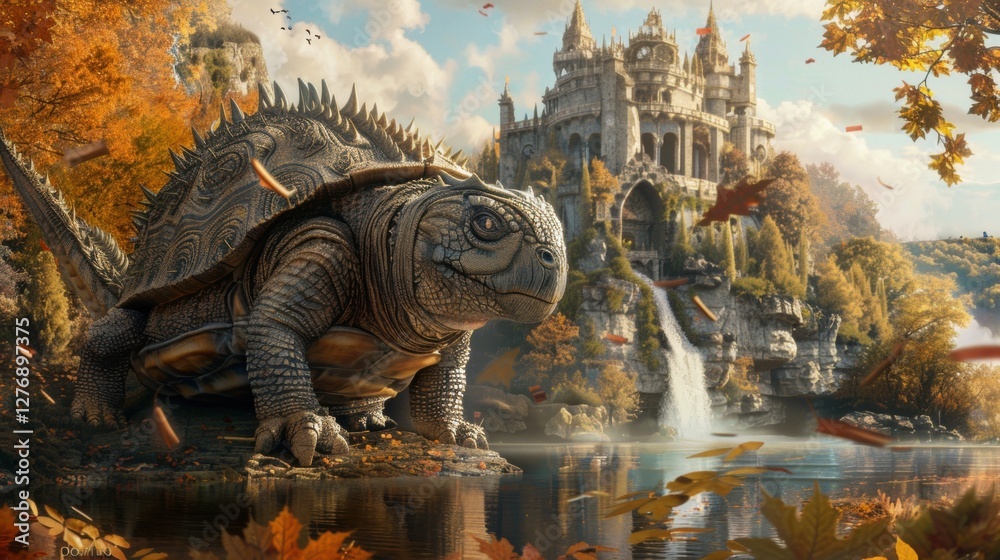Fototapeta premium A massive and ancient dragon turtle with an intricately armored shell, resting by a mystical waterfall near an enchanted kingdom.