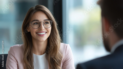 woman with glasses smiles during professional meeting, showcasing confidence and engagement. setting is modern and bright, reflecting positive atmosphere