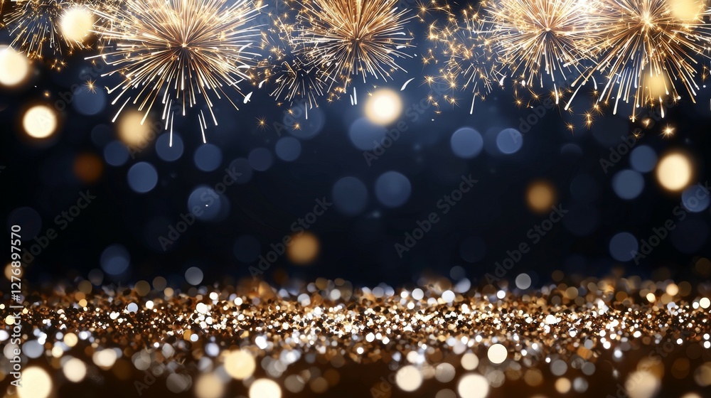 Fototapeta premium Golden Fireworks and Glittering Glamour in Night Sky - Luxurious Festive Celebration Background with Sparkling Gold and Silver Particles