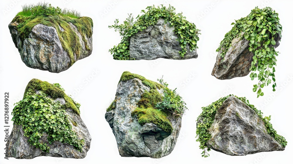 Isolated rocks covered in moss and climbing vines. Symbolizing natural growth, resilience. Ideal for landscaping, environmental design, and nature concepts. Isolated rocks covered in moss and climbing vines. Symbolizing natural growth, resilience. Ideal for landscaping, environmental design, and nature concepts.
