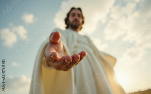 outstretched arm of a man in a white robe against the background of a sky with clouds of blue, white and golden light
