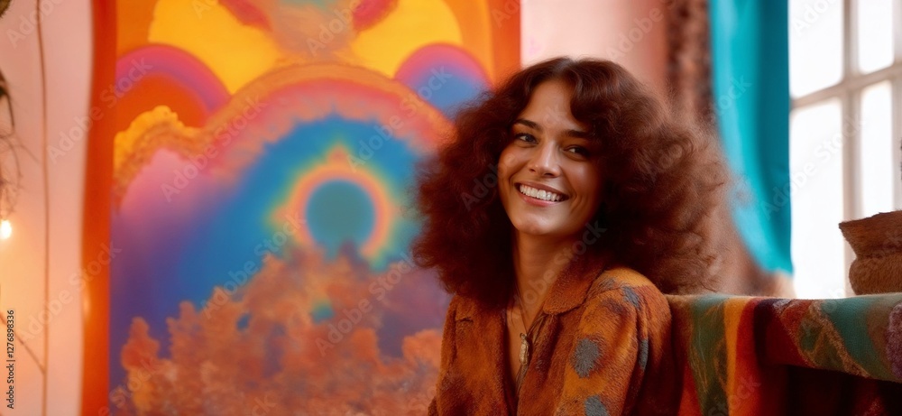 70s Psychedelic Posters
A woman joyfully holding a vibrant 70s psychedelic poster, with a softly blurred bohemian room in the background.young woman in the window 70s Psychedelic Posters
A woman joyfully holding a vibrant 70s psychedelic poster, with a softly blurred bohemian room in the background.young woman in the window