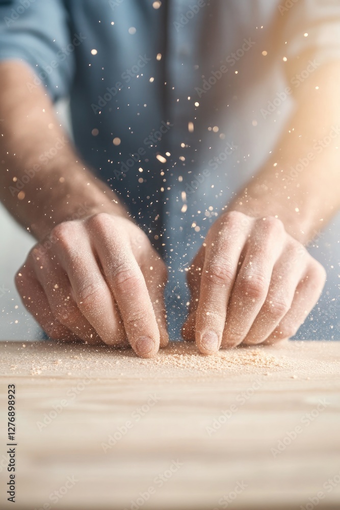 Fototapeta premium close-up of carpenter hands sanding smooth wooden surface revealing fine wood grains
