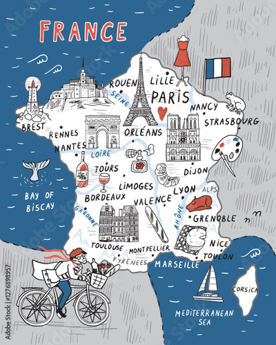 France hand drawn doodle map with famous landmarks and symbols.