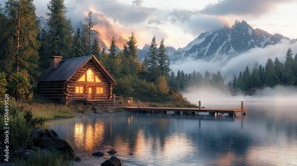Log cabin glows by serene lake with mountains. Symbolizing tranquil retreats. Ideal for travel, real estate, vacation rentals, or remote workspaces visuals. Log cabin glows by serene lake with mountains. Symbolizing tranquil retreats. Ideal for travel, real estate, vacation rentals, or remote workspaces visuals.