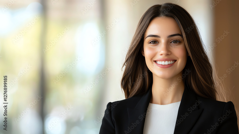 confident woman smiling in professional office setting, wearing black blazer and white top, exuding positivity and approachability confident woman smiling in professional office setting, wearing black blazer and white top, exuding positivity and approachability