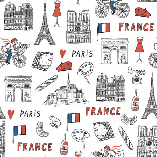 France Paris travel destination landmarks illustrations seamless pattern
