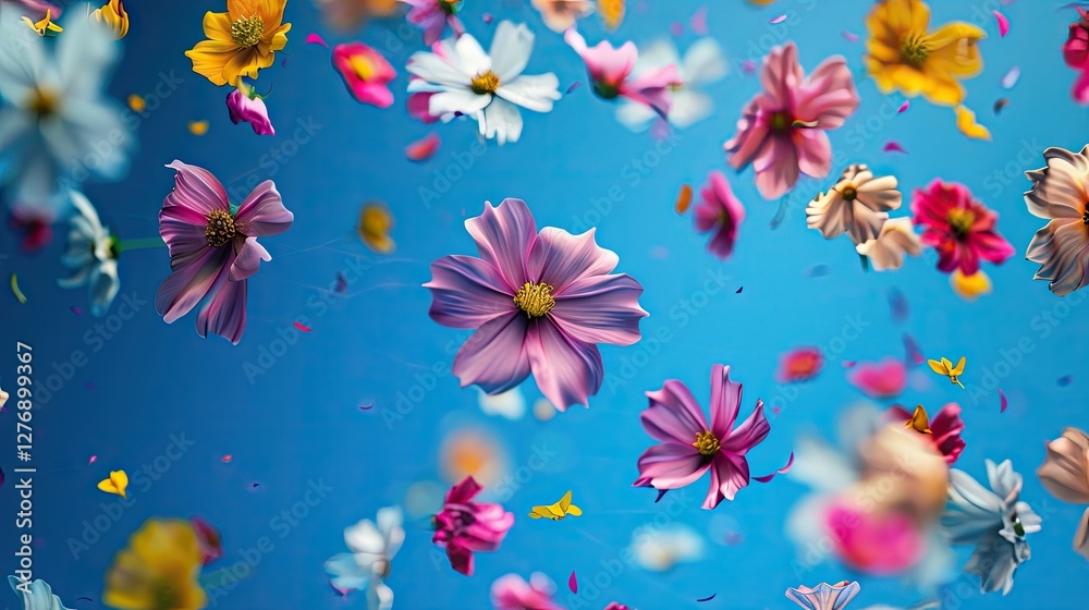 Bright flowers floating in the air on a blue background. Bright flowers floating in the air on a blue background.