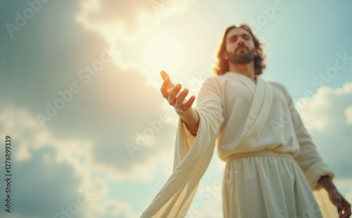the outstretched hand of a man in a white robe against the background of the sky with clouds of blue light