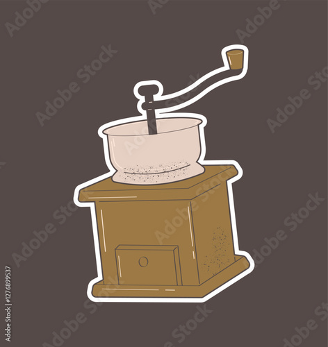 Coffee grinder grinds coffee beans, vector sticker