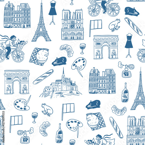 France Paris travel destination landmarks illustrations seamless pattern