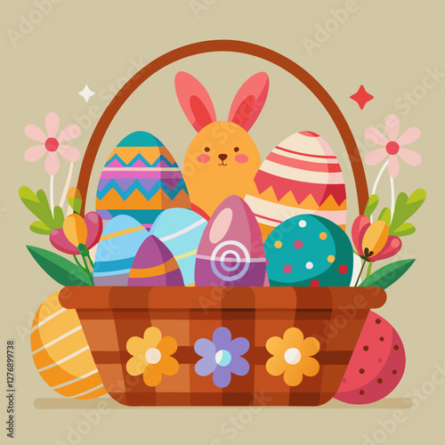 easter, bunny, rabbit, egg, spring, holiday, illustration, cartoon, vector, eggs, card, animal, flower, basket, design, grass, happy, hare, celebration, fun, easter bunny, art, drawing, cute, nature