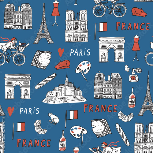 Paris Hand drawn doodle seamless pattern with famous buildings, monuments and landmarks.