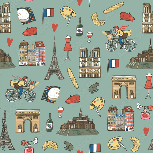 Seamless pattern with hand drawn Paris elements. Vector illustration.