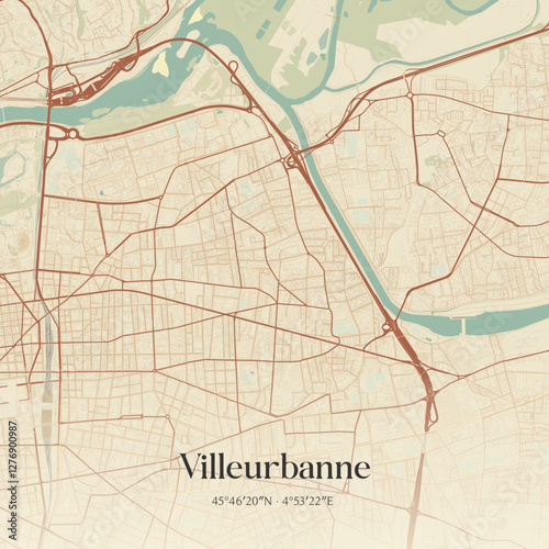Vintage map of Villeurbanne, France.