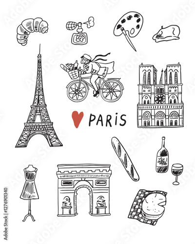 Paris hand drawn doodle icons set. Vector sketch illustration.