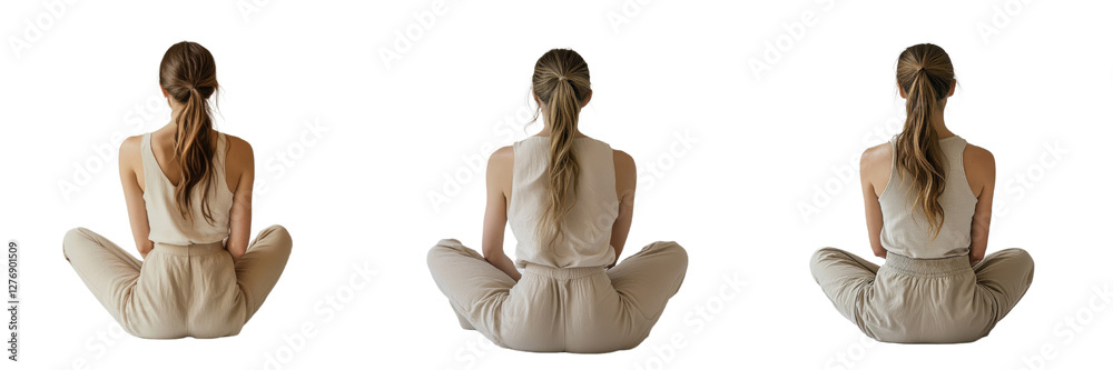 Obraz premium A Set of Fashionable Women Sitting Cross-Legged in Beige Pants Isolated on Transparent Background