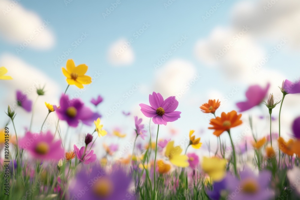 Vibrant wildflower meadow with colorful blooms dancing in a gentle breeze under a serene sky Vibrant wildflower meadow with colorful blooms dancing in a gentle breeze under a serene sky