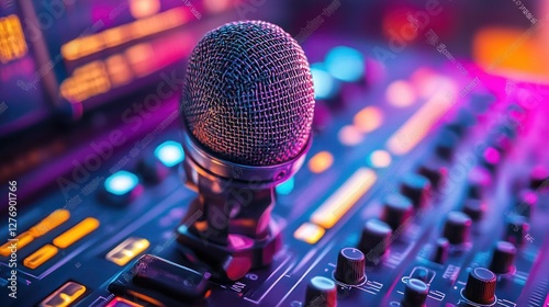 Vibrant microphone on audio console in nightclub setting photo