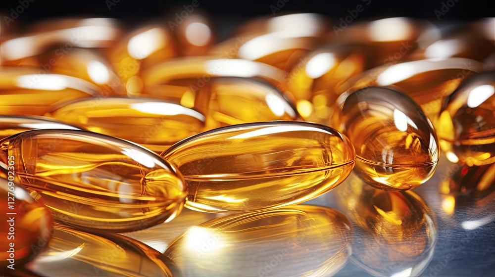 A close-up shot showcases a collection of translucent, golden fish oil capsules A close-up shot showcases a collection of translucent, golden fish oil capsules