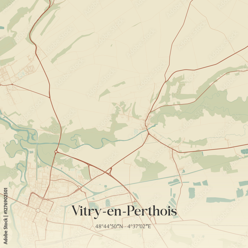 Fototapeta premium Vintage map of Vitry-en-Perthois, France.
