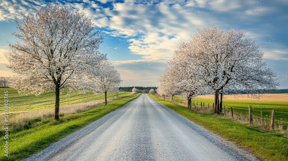 Serene Country Road Surrounded by Blooming Trees and Scenic Landscape Serene Country Road Surrounded by Blooming Trees and Scenic Landscape