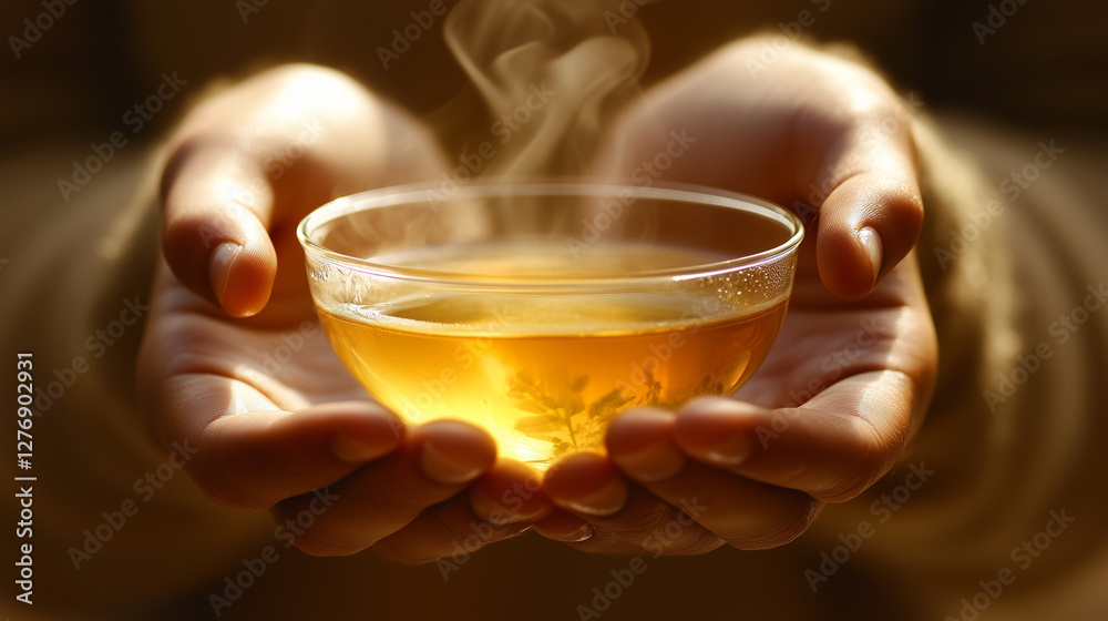 Hands holding herbal tea, steam rising, warm tones, mindfulness, relaxation, healthy living mood. Hot drink, relaxing, calming mood. Healthy tea for good mental health. Hands holding herbal tea, steam rising, warm tones, mindfulness, relaxation, healthy living mood. Hot drink, relaxing, calming mood. Healthy tea for good mental health.