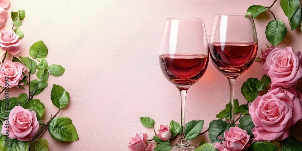 Two glasses of red wine surrounded by pink roses on pastel background Two glasses of red wine surrounded by pink roses on pastel background