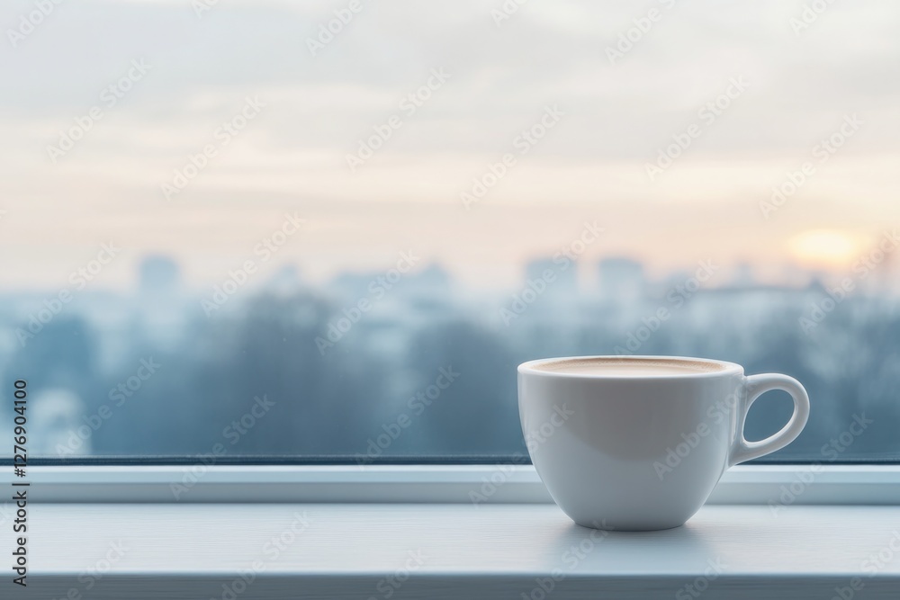 minimalistic stock photo of modern café window reflecting city life with single coffee cup on windowsill minimalistic stock photo of modern café window reflecting city life with single coffee cup on windowsill