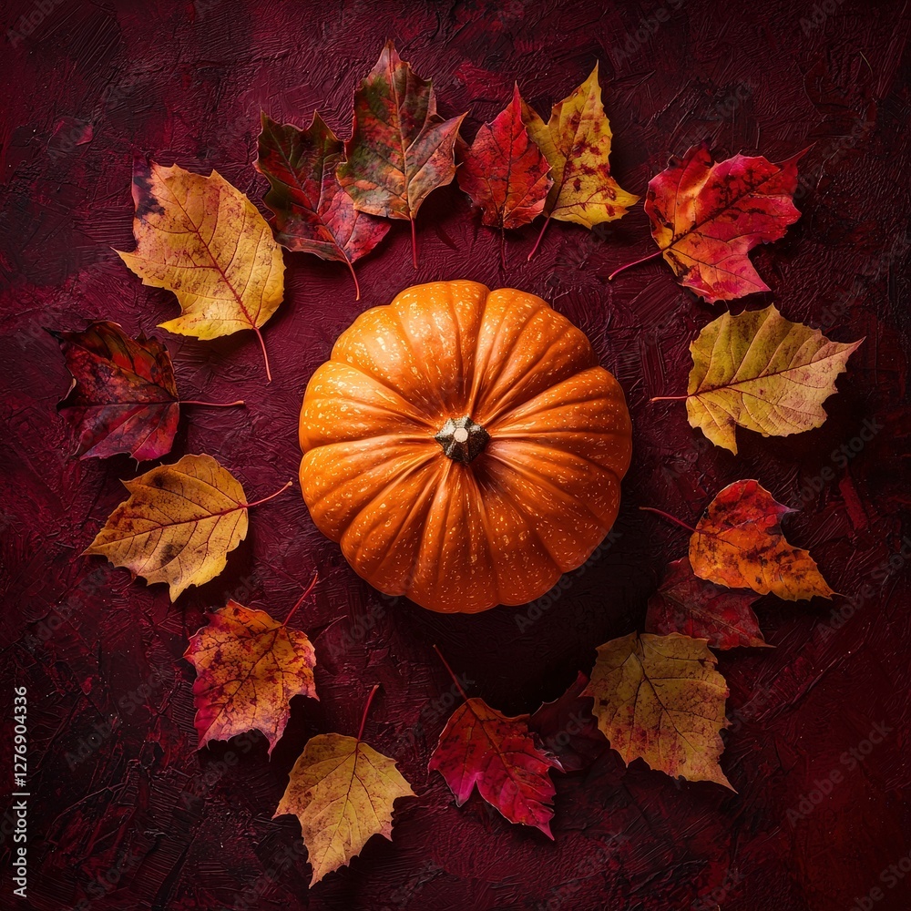 Orange pumpkin surrounded by vibrant autumn leaves on a dark red textured surface. A seasonal composition for fall celebrations and harvest themes. Orange pumpkin surrounded by vibrant autumn leaves on a dark red textured surface. A seasonal composition for fall celebrations and harvest themes.