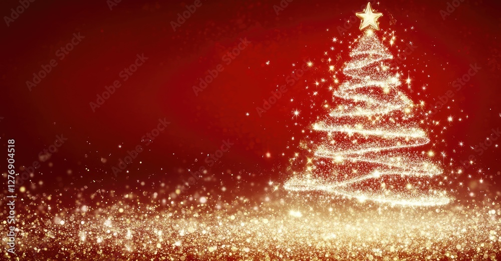 Shimmering Christmas tree with golden sparkles and a glowing star on a red background, radiating festive elegance. Ideal for holiday greetings, banners, invitations, and seasonal promotions