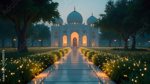 A serene stone pathway leading to a beautifully illuminated white mosque, surrounded by glowing fireflies at dusk.