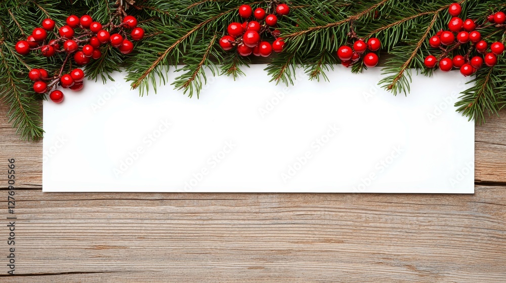 Obraz premium Elegant Evergreen Berries on Blank White Paper - Rustic Wood Background for Holiday Designs and Greetings