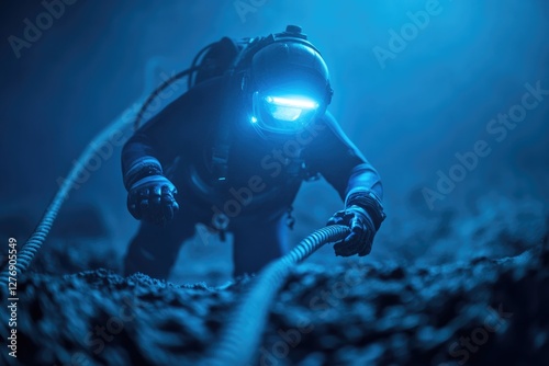 minimalistic stock photo of deep-sea diver carefully inspecting aged undersea cable illuminated by soft blue light