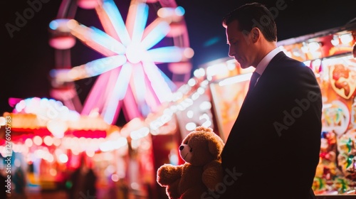 Man in Suit Holding Teddy Bear at Colorful Night Fairground
