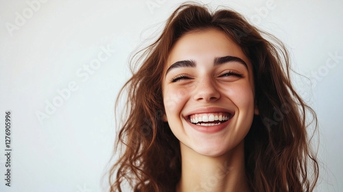 Happy young blond woman smiling, white background