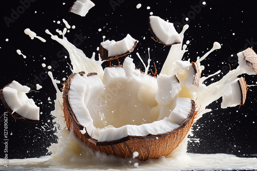 Exploding coconut burst, vibrant white and white color palette, juice splashes and coconut fragments flying outward photo