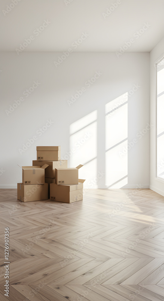 A bright, empty room with wooden herringbone flooring and large windows. In the corner, there are several stacked cardboard boxes, suggesting a recent move or packing. A bright, empty room with wooden herringbone flooring and large windows. In the corner, there are several stacked cardboard boxes, suggesting a recent move or packing.