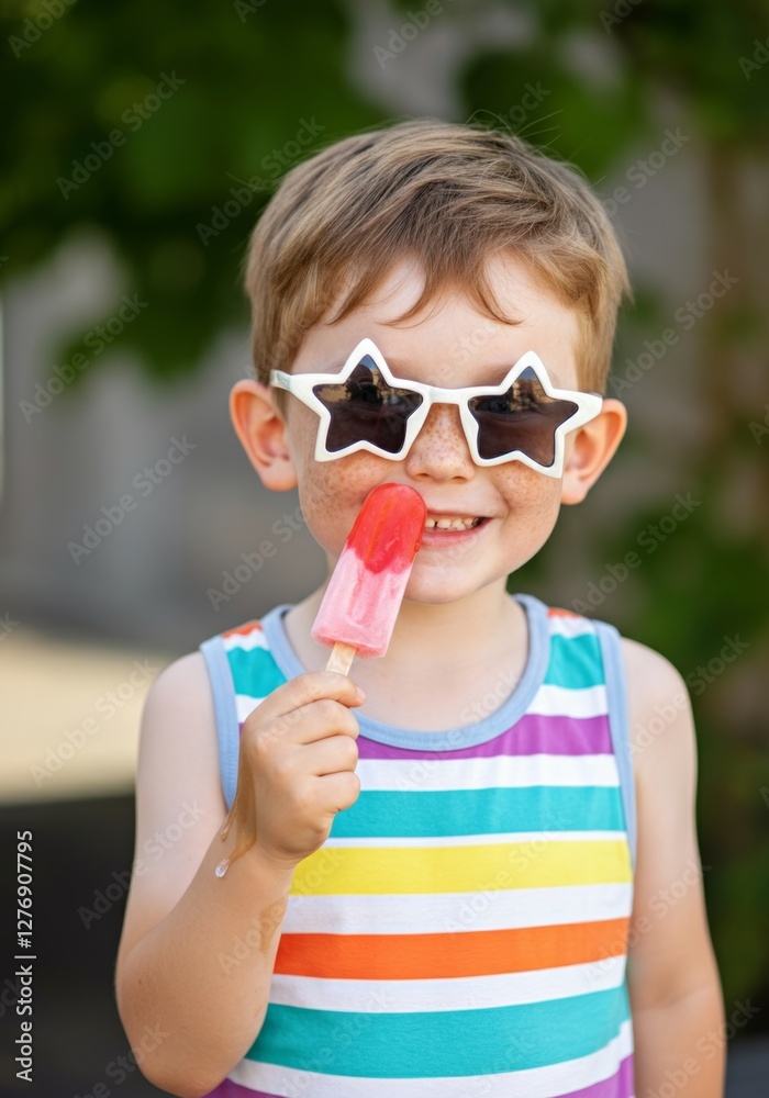 Smiling funny boy with star sunglasses enjoying a popsicle on a sunny day Smiling funny boy with star sunglasses enjoying a popsicle on a sunny day