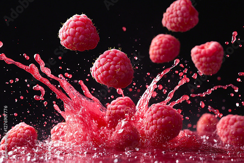 Exploding raspberry burst, vibrant red and pink color palette, juice splashes and raspberry fragments flying outward photo